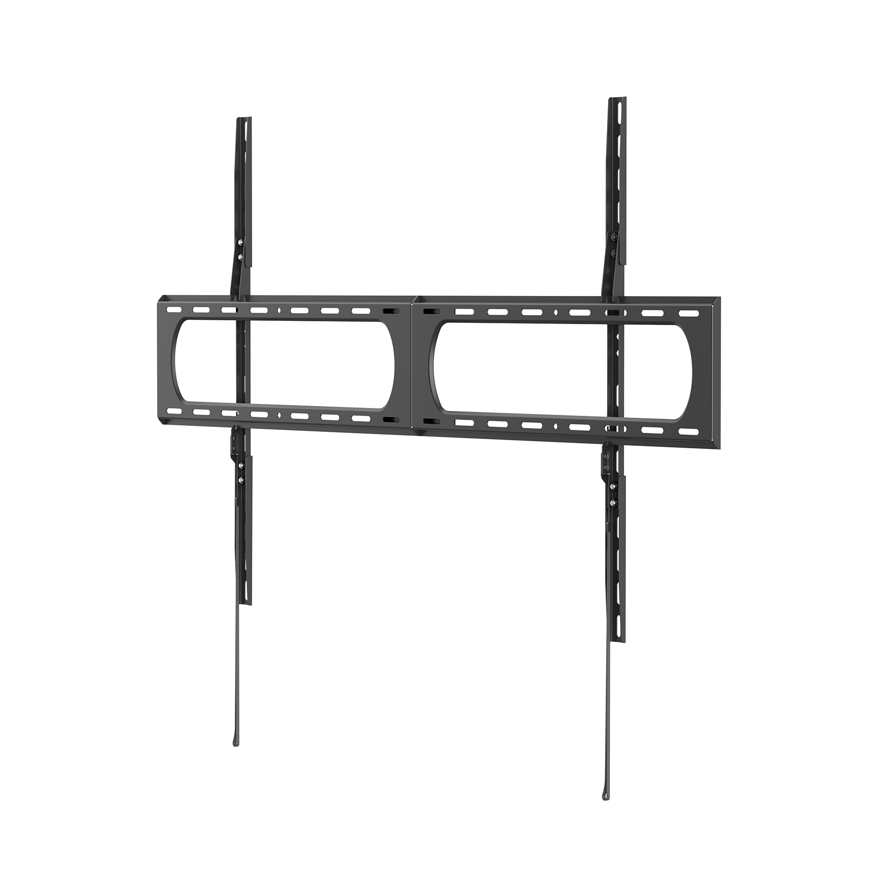 A black, articulating TV wall mount with two arms and horizontal slots.