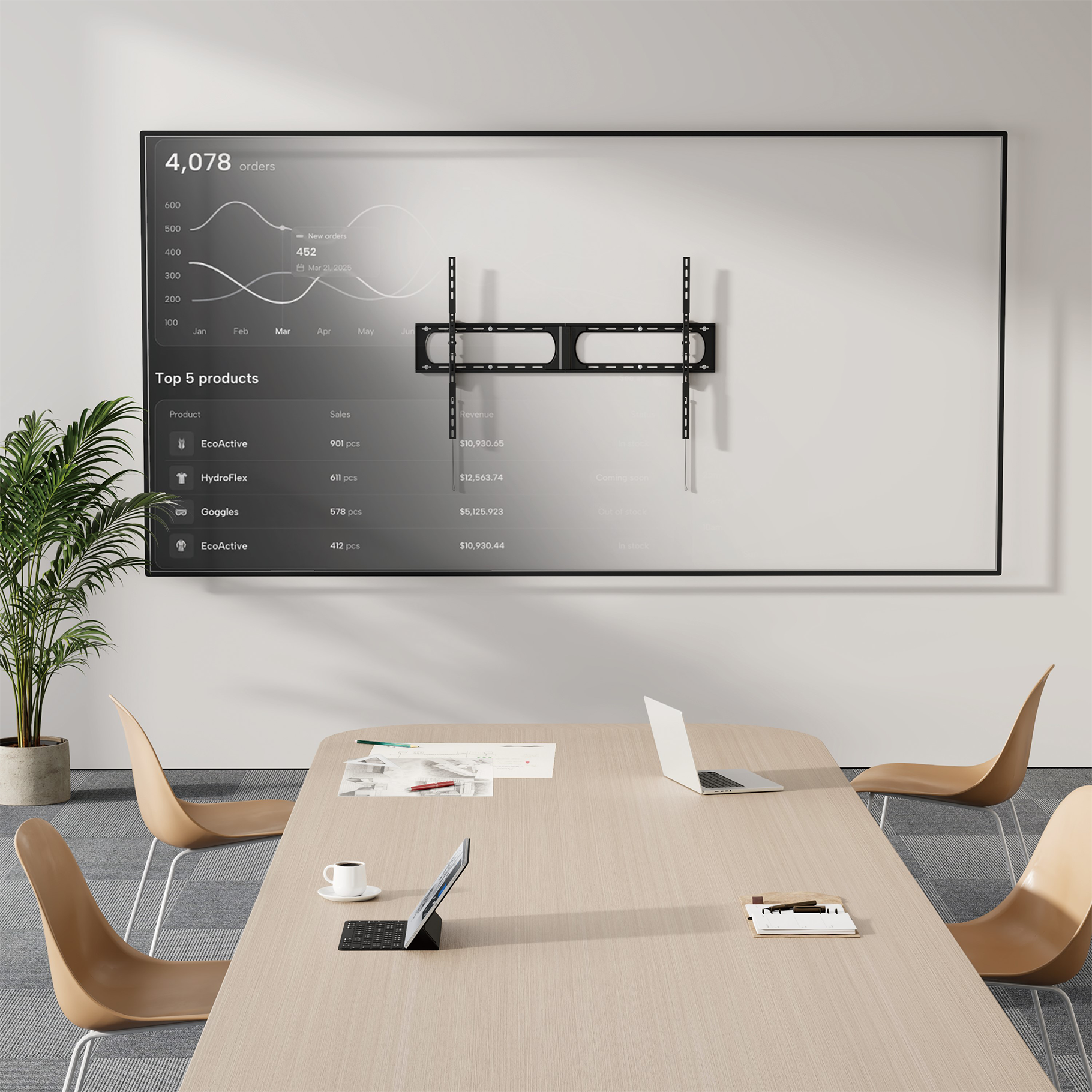A conference room with a large screen displaying sales data and a table with laptops.