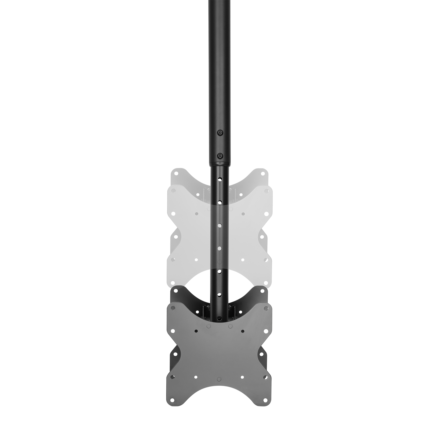 Black ceiling mount with adjustable pole and X-shaped VESA plate.