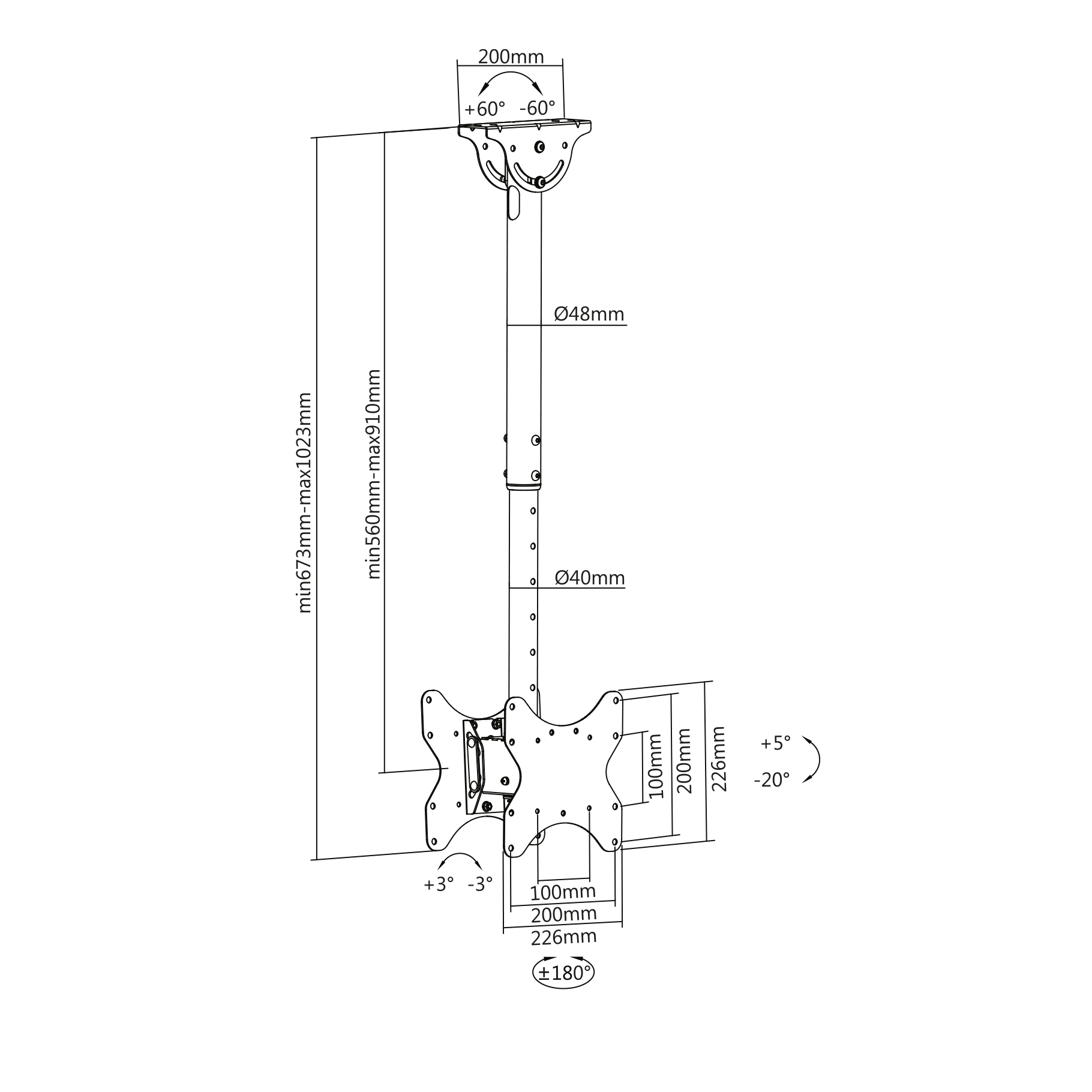 Technical drawing of a ceiling mount with dimensions and angles for TV screens.