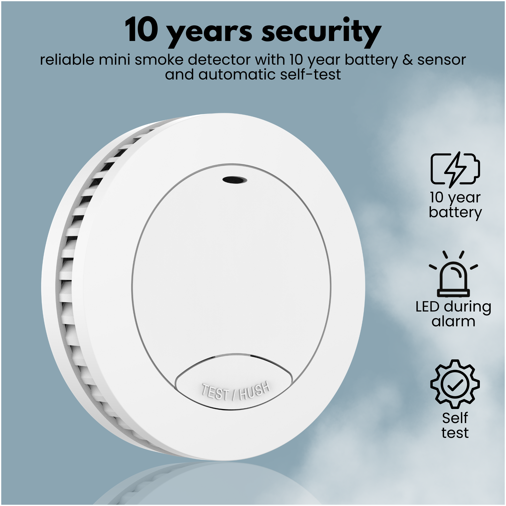White smoke detector with '10 years security' text and icons for battery, LED, and self-test.