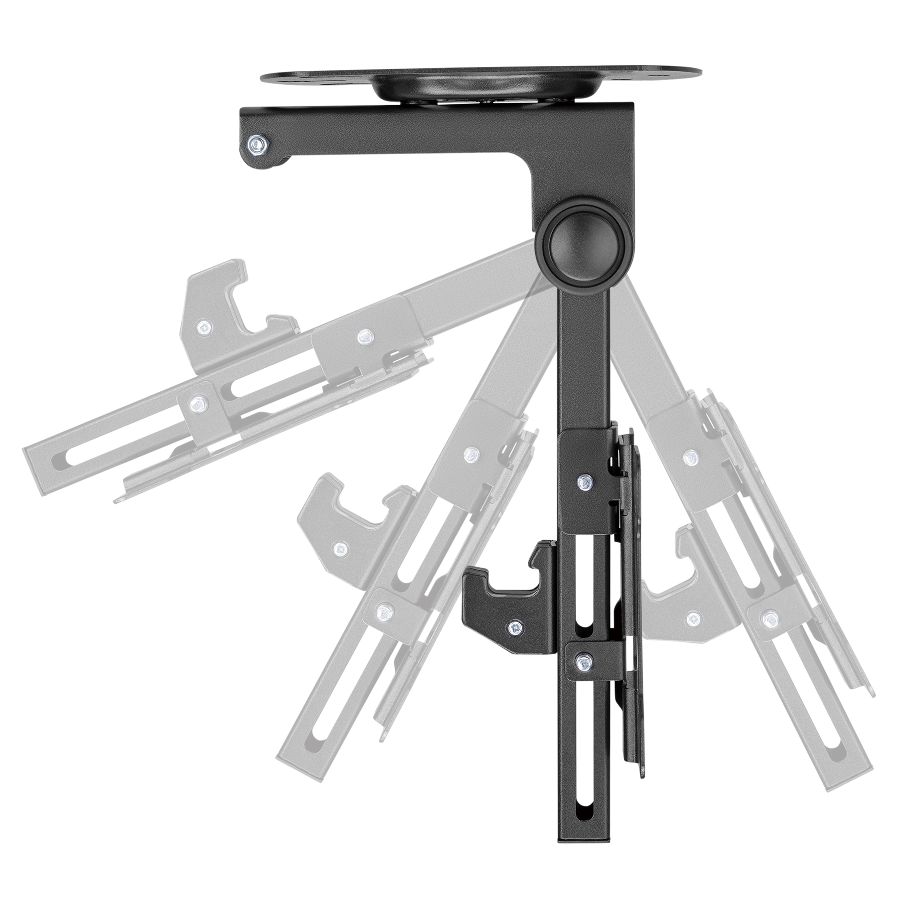 Black monitor mount with articulated arms shown in various positions.