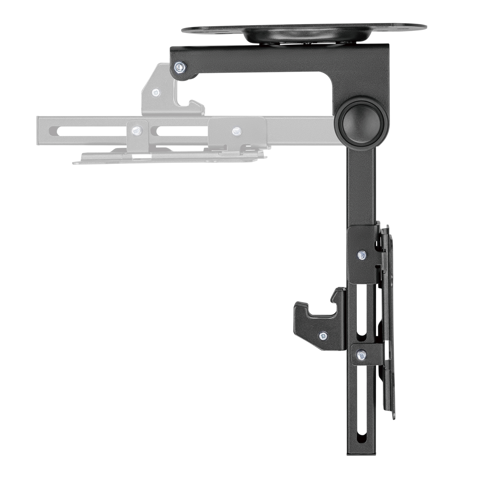 A black, adjustable monitor arm with a round plate at the top.