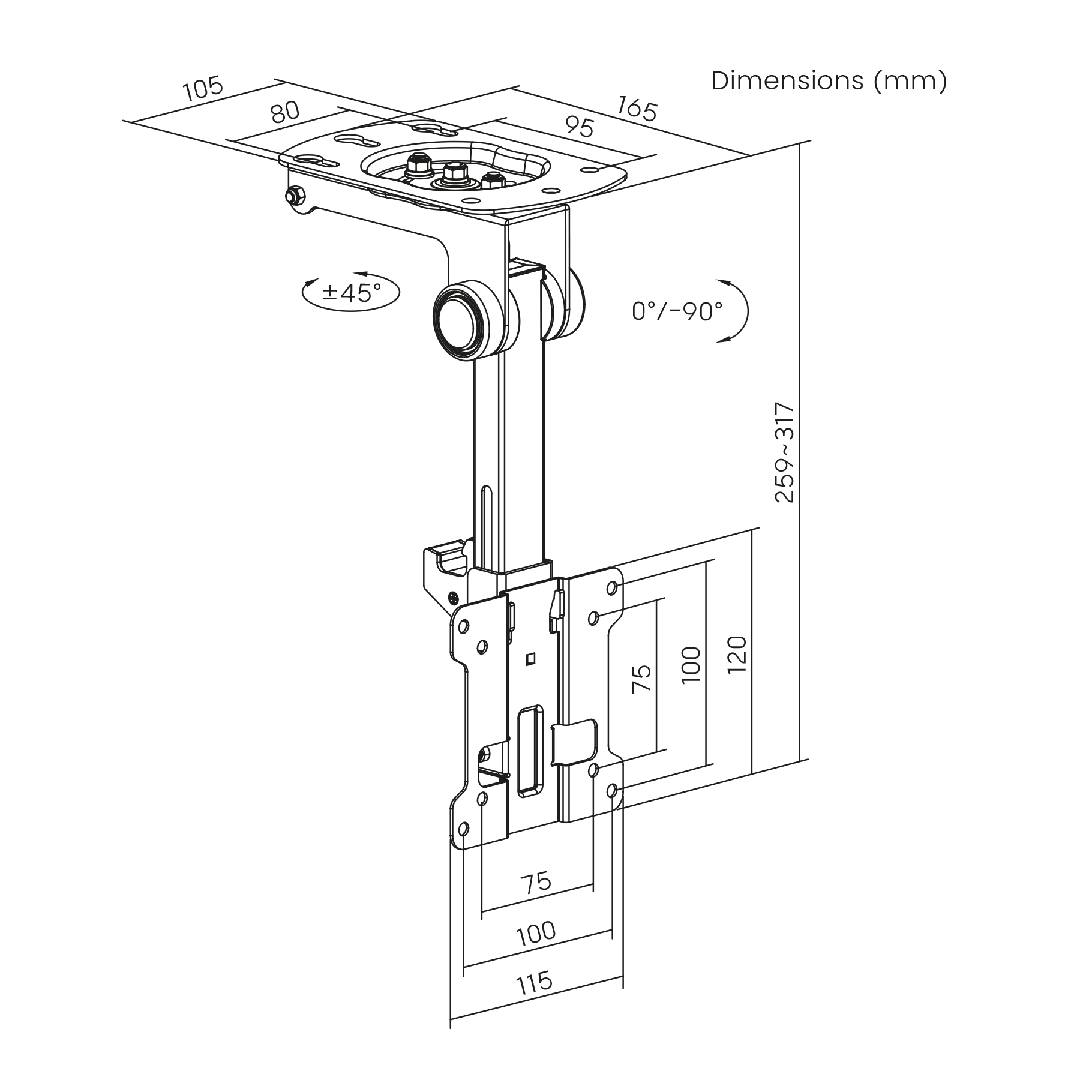 Technical drawing of a ceiling mount with dimensions and angles.