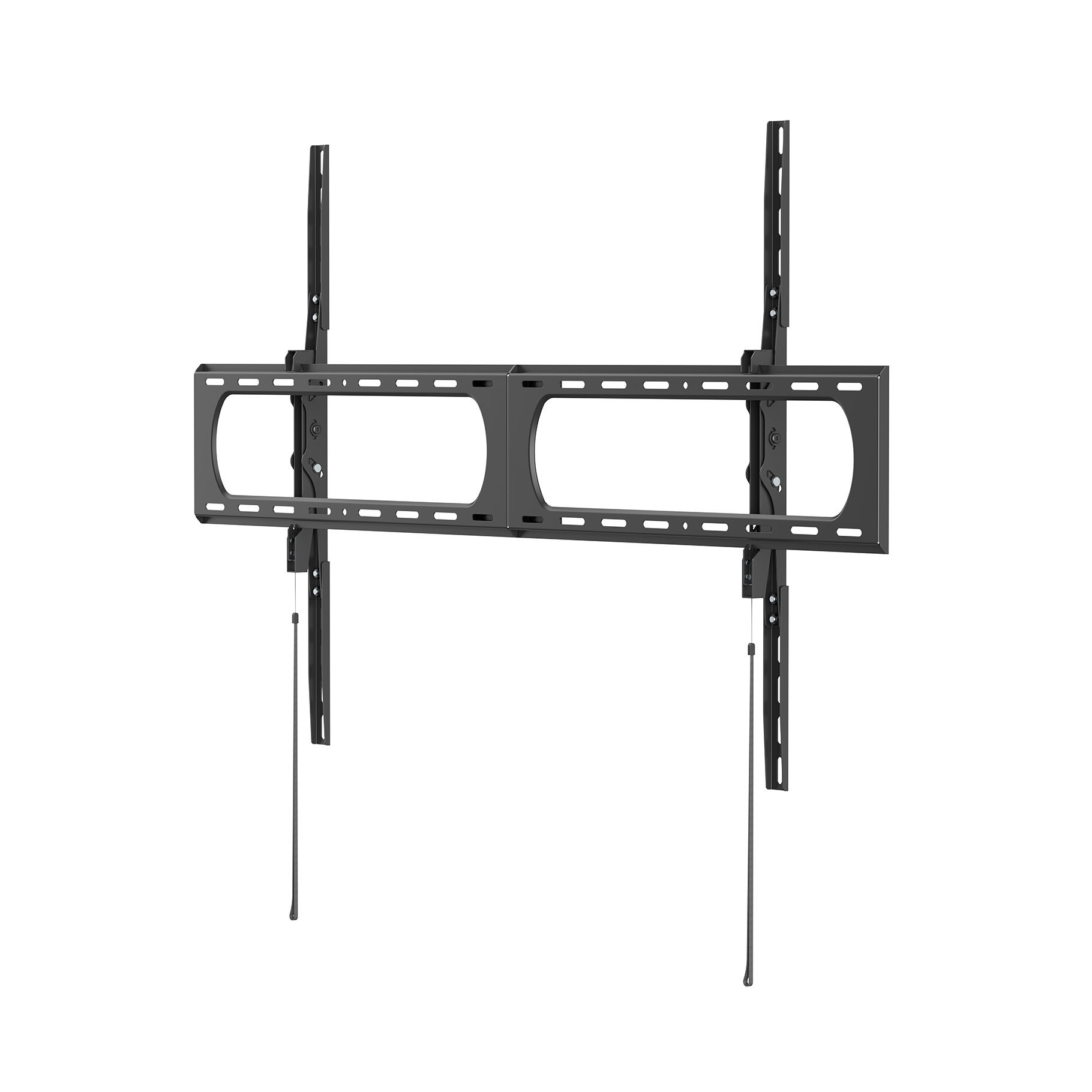 A black, adjustable TV wall mount with two horizontal rails.