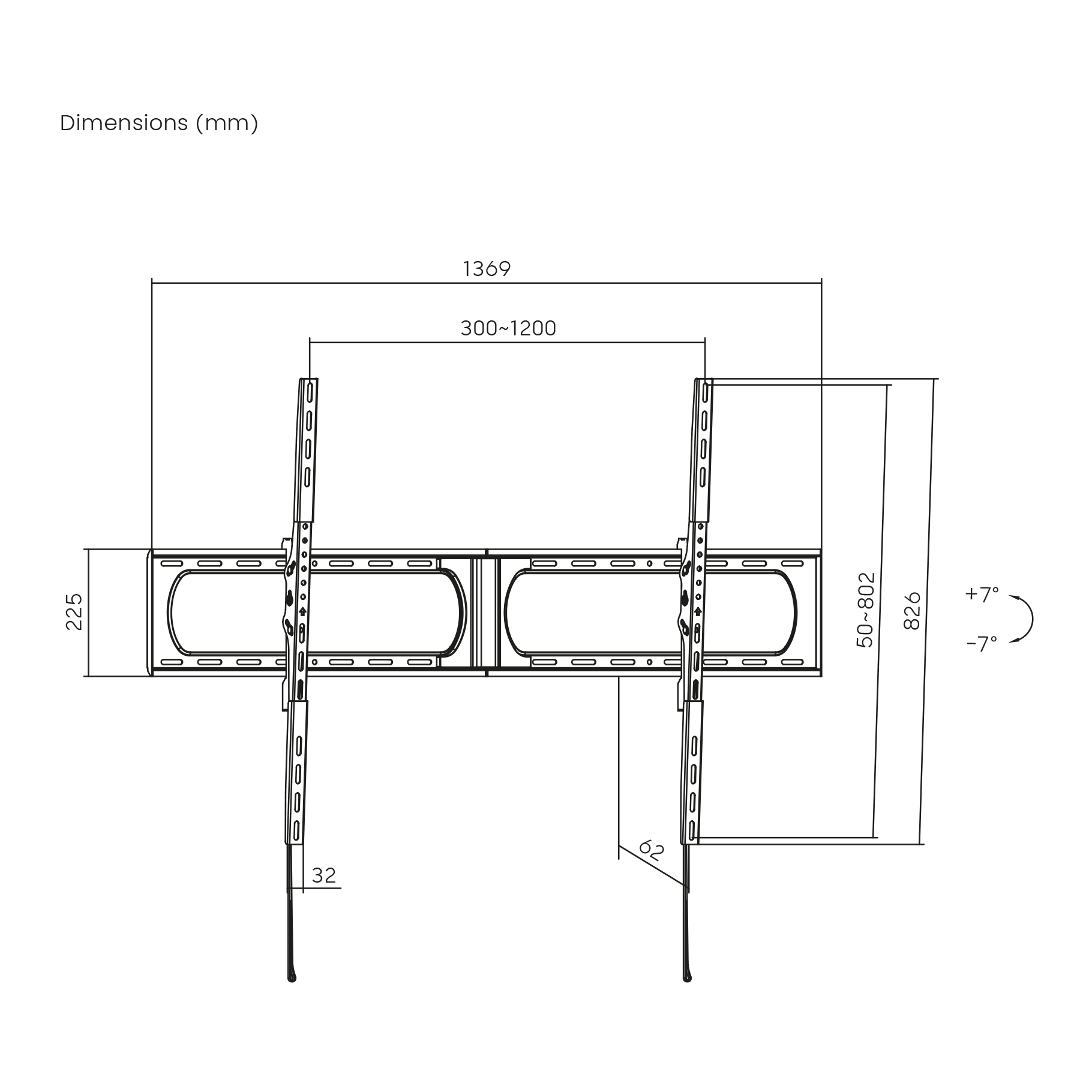 Technical drawing of a TV wall mount with dimensions.