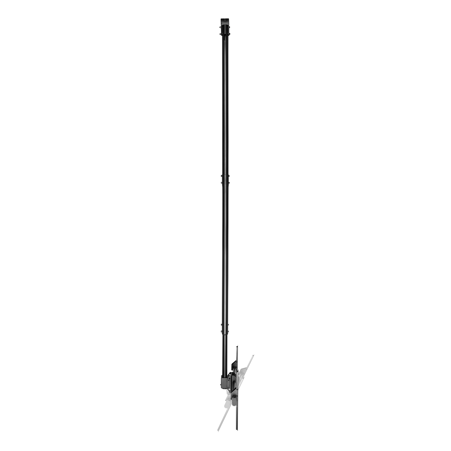 Black ceiling mount with adjustable arm for a television.