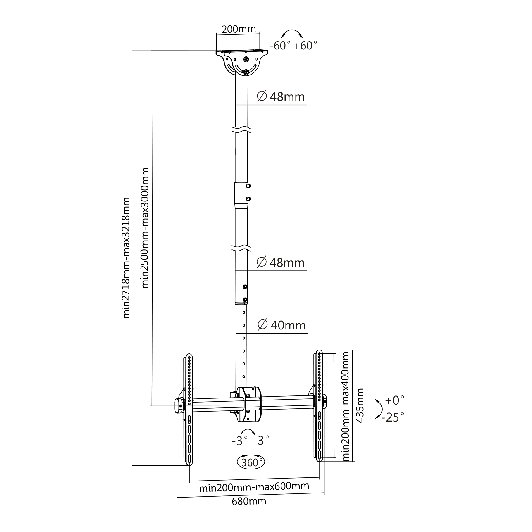 Technical drawing of a ceiling mount with dimensions and angles.