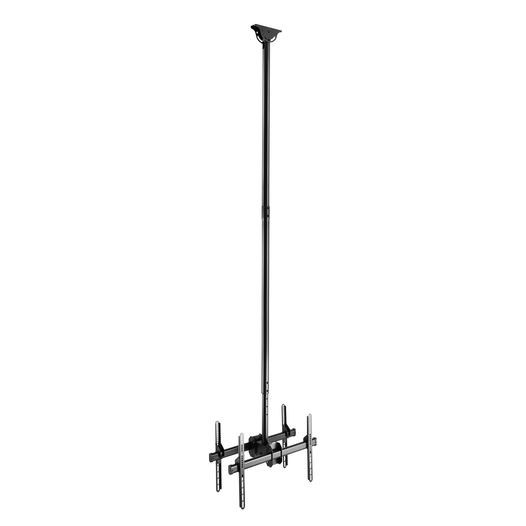 Black ceiling mount for two screens with adjustable pole.