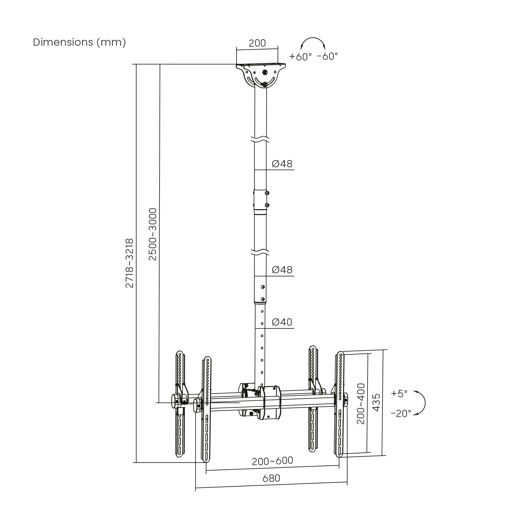 Technical drawing of a ceiling mount with dimensions.