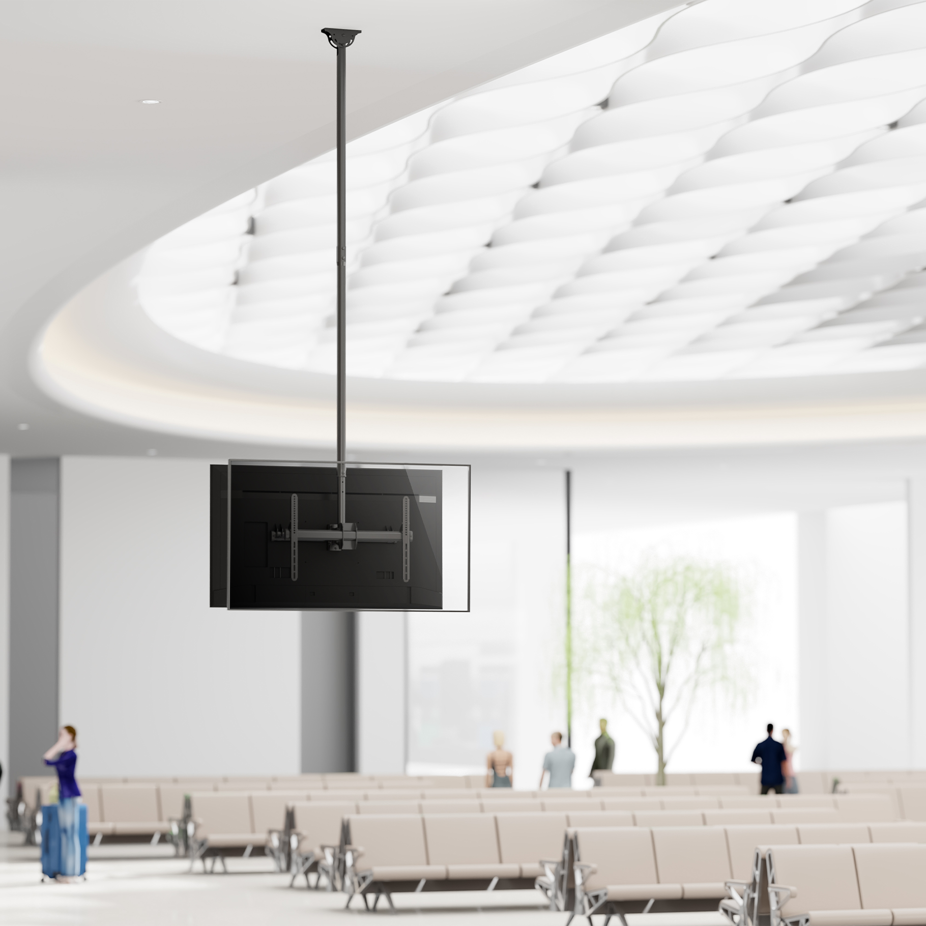 A screen hangs from the ceiling in a modern waiting area with benches.
