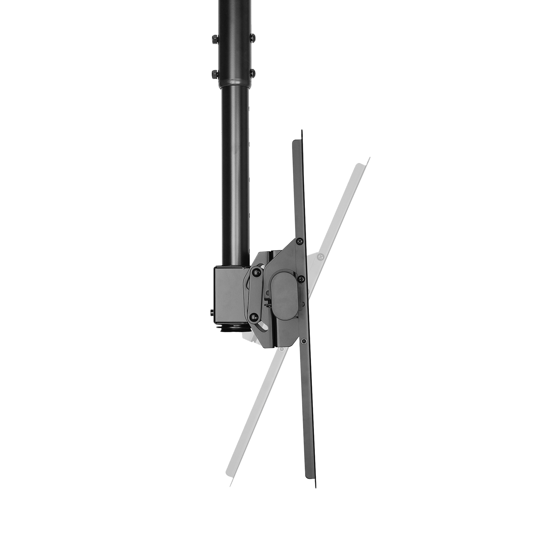 Black ceiling mount with adjustable arm and VESA plate.