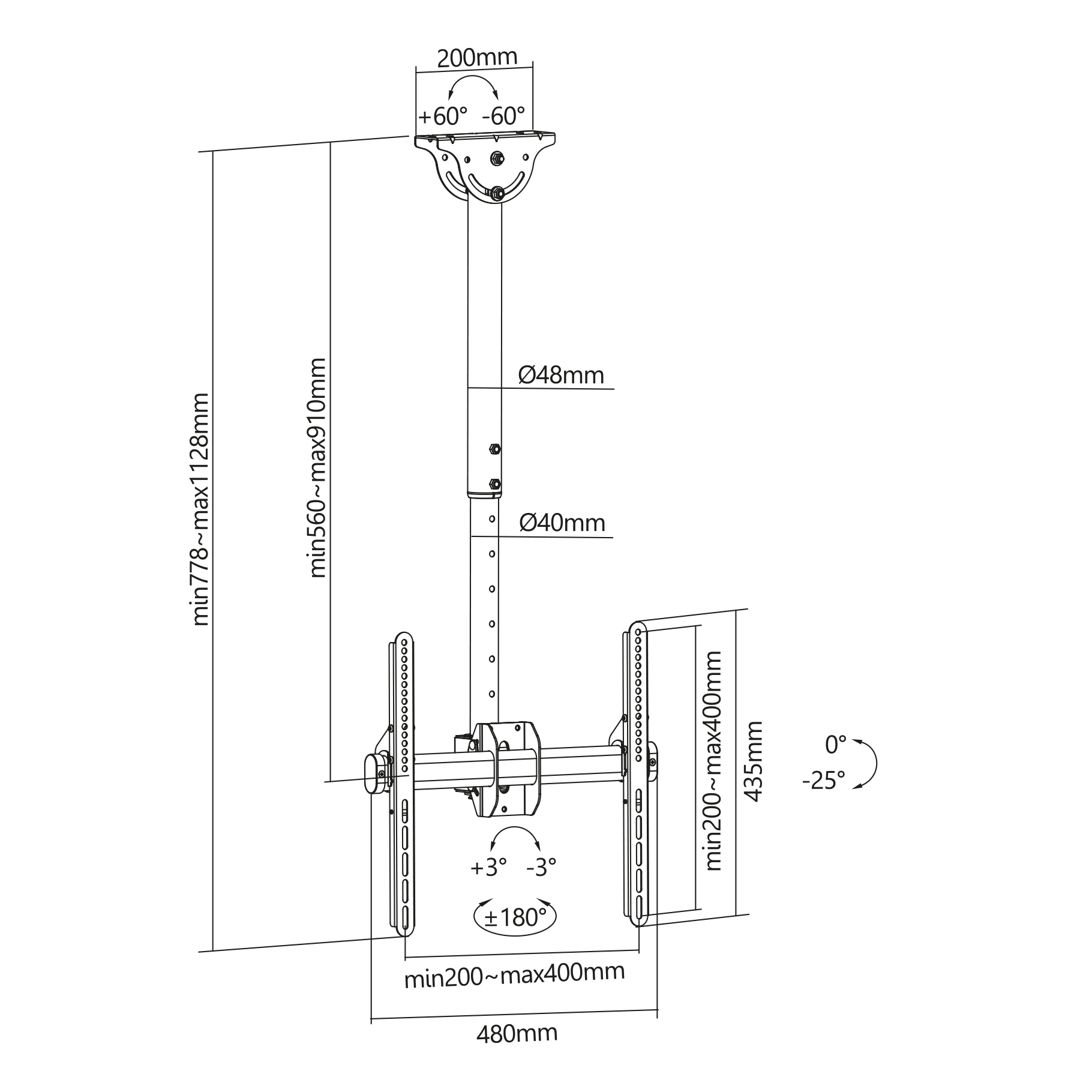 Technical drawing of a ceiling mount with dimensions and angles.