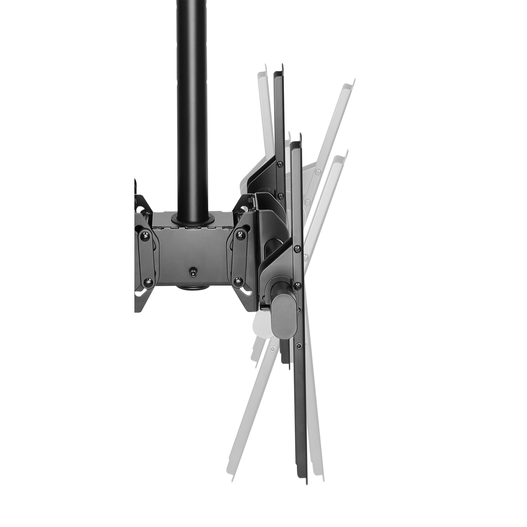 Black ceiling mount for TV with adjustable arms.