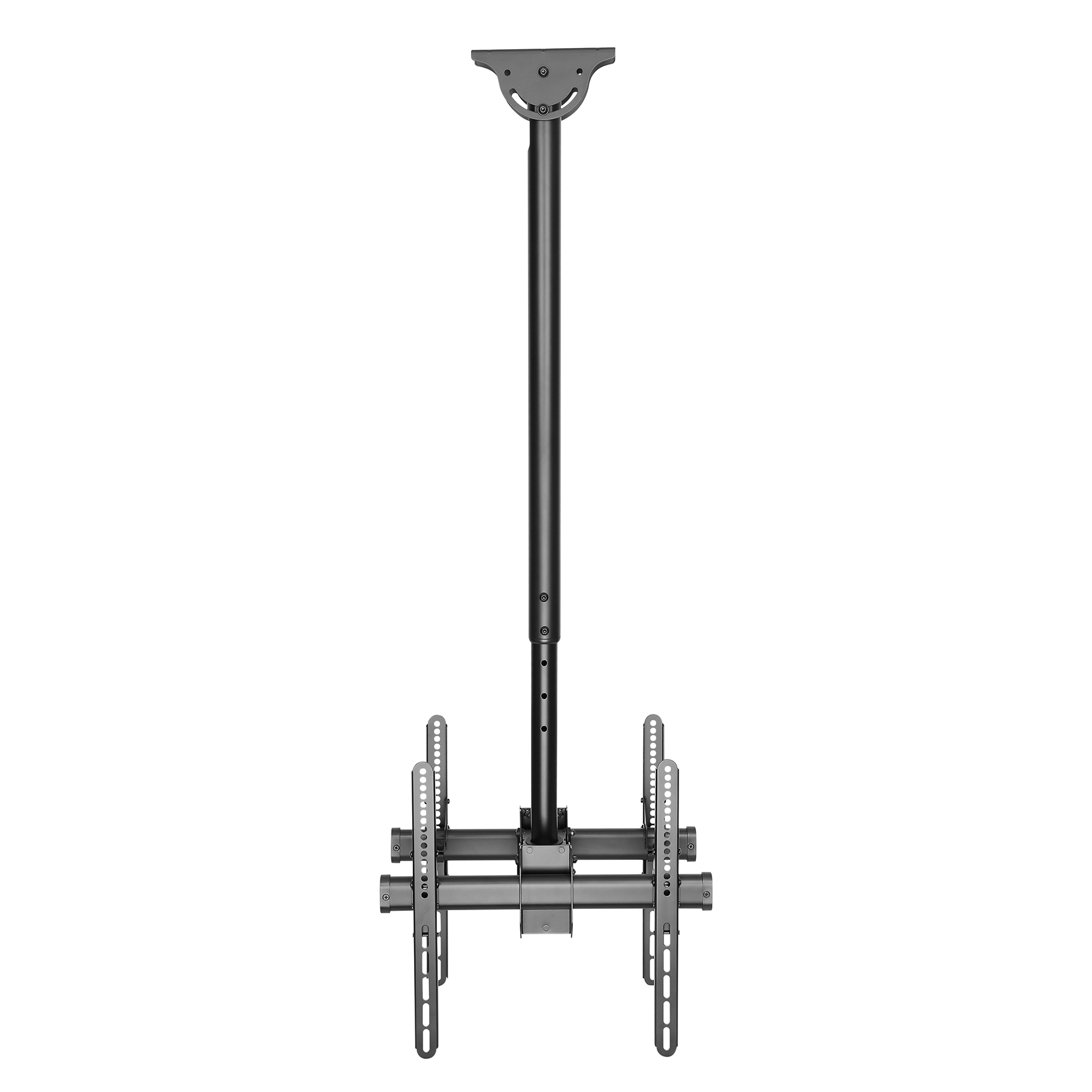 Black TV ceiling mount with adjustable pole and VESA plates.
