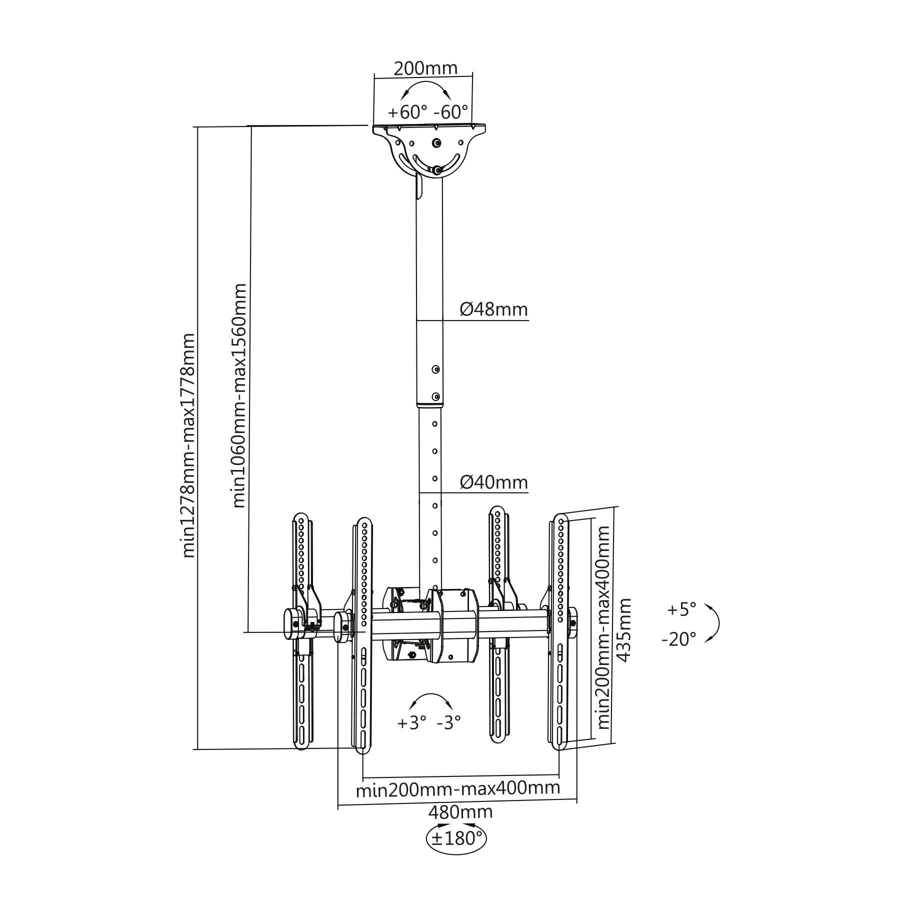 Diagram of a ceiling TV mount with dimensions and angles shown.