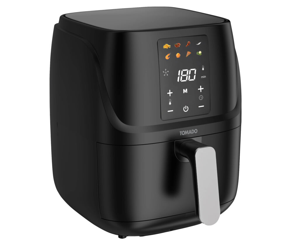 Black air fryer with digital display and silver handle.