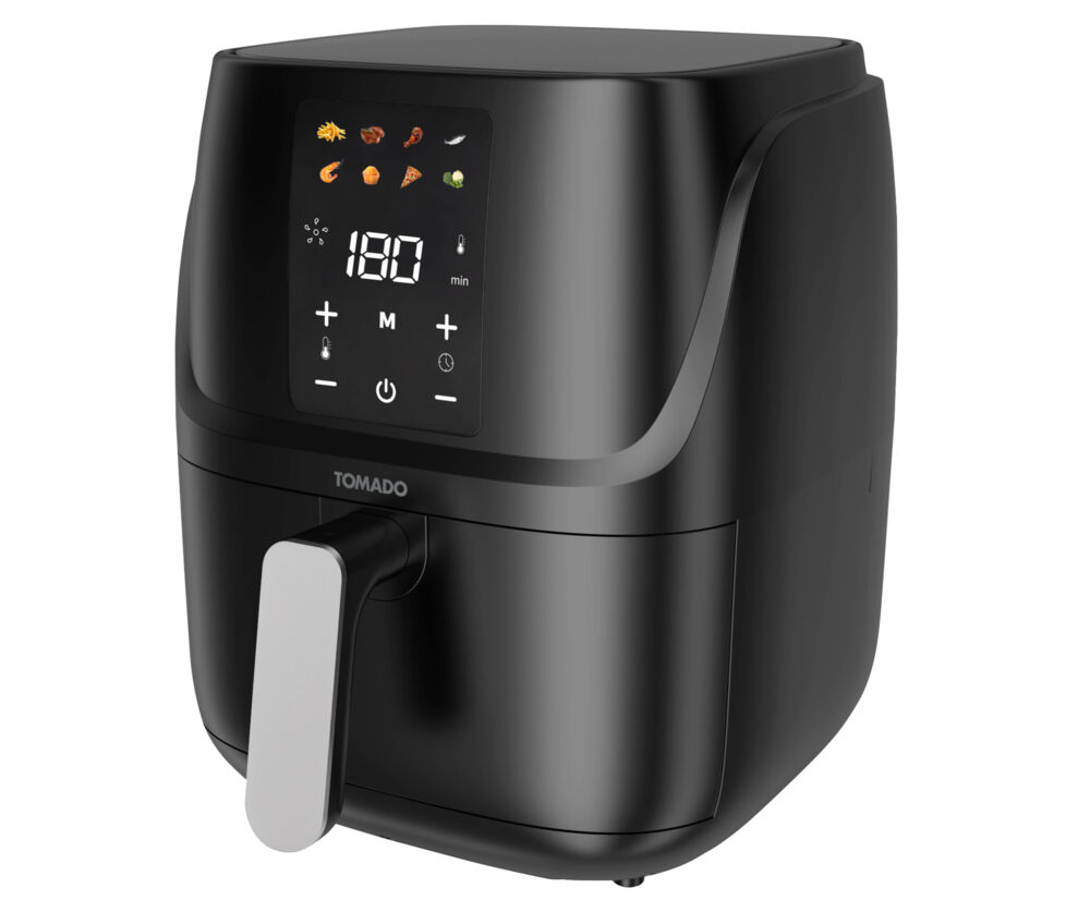 Black air fryer with digital display and silver handle.