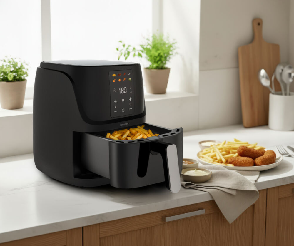Black air fryer with fries in basket and plate of fries and croquettes.