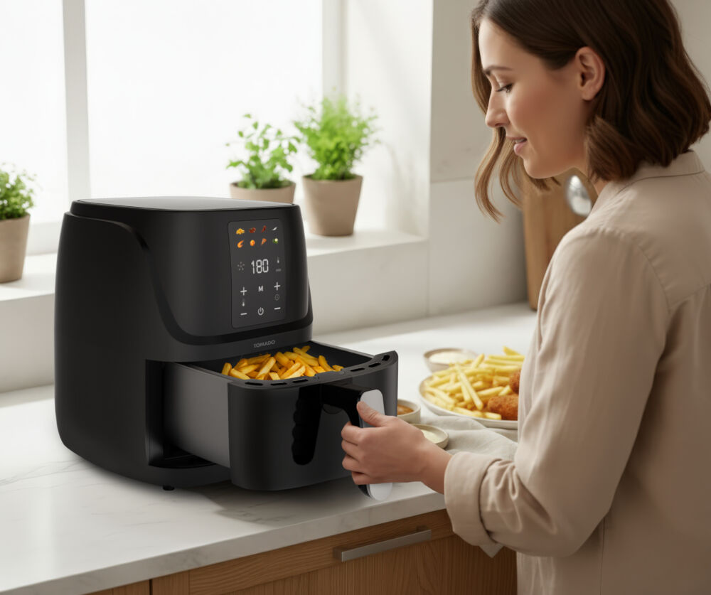 Woman pulls out air fryer basket filled with fries. A plate of fries & nuggets sits nearby.
