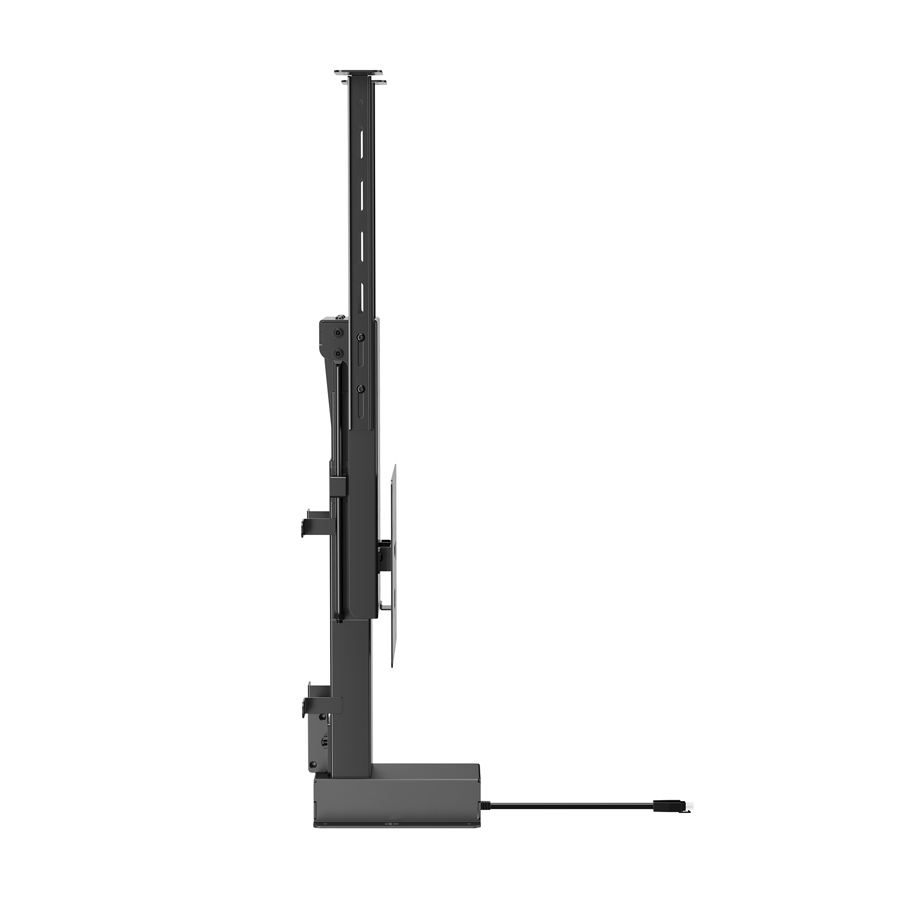A black metal adjustable monitor stand with a cable extends to the right.