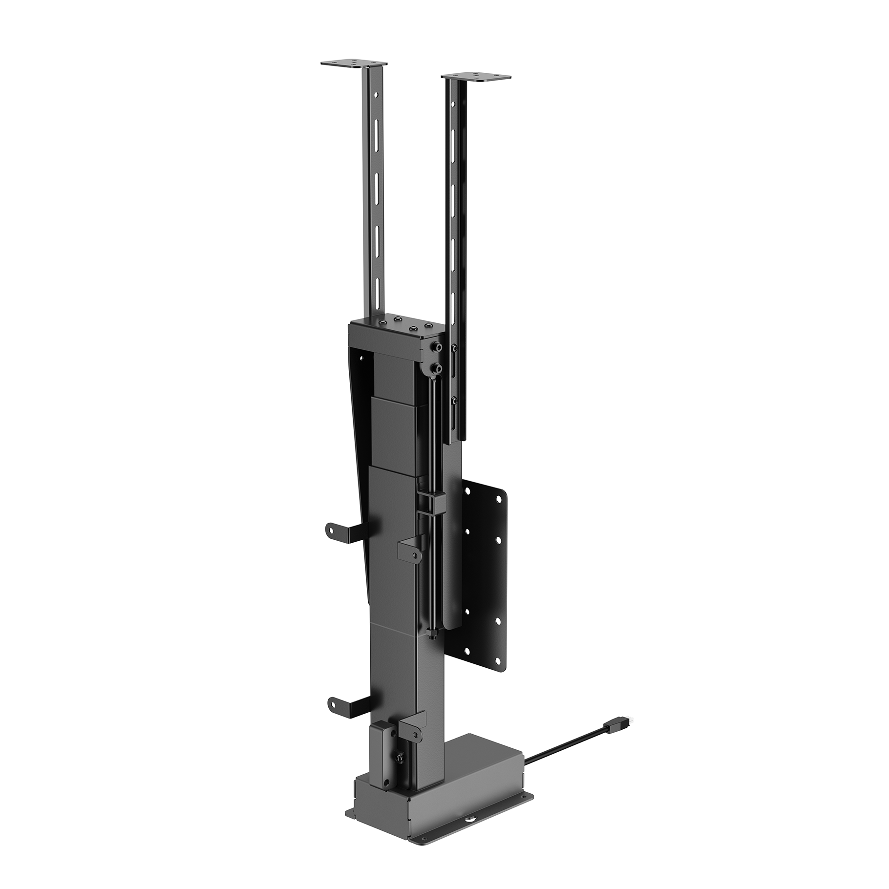A black motorized TV mount with cables and brackets.