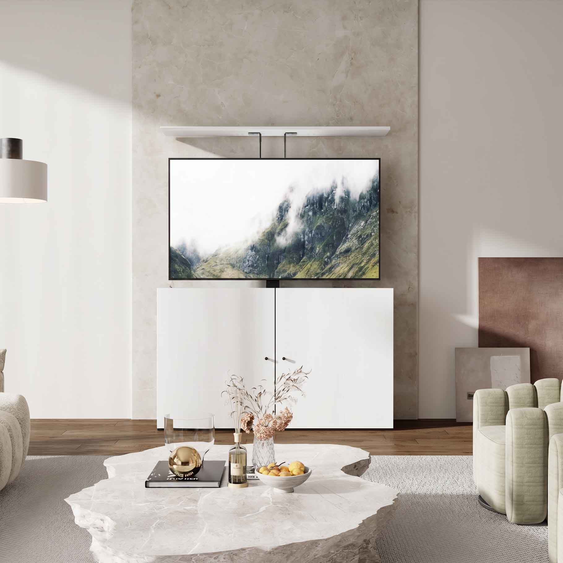 A stylish living room featuring a TV above a white cabinet, a marble coffee table, and plush sofas.