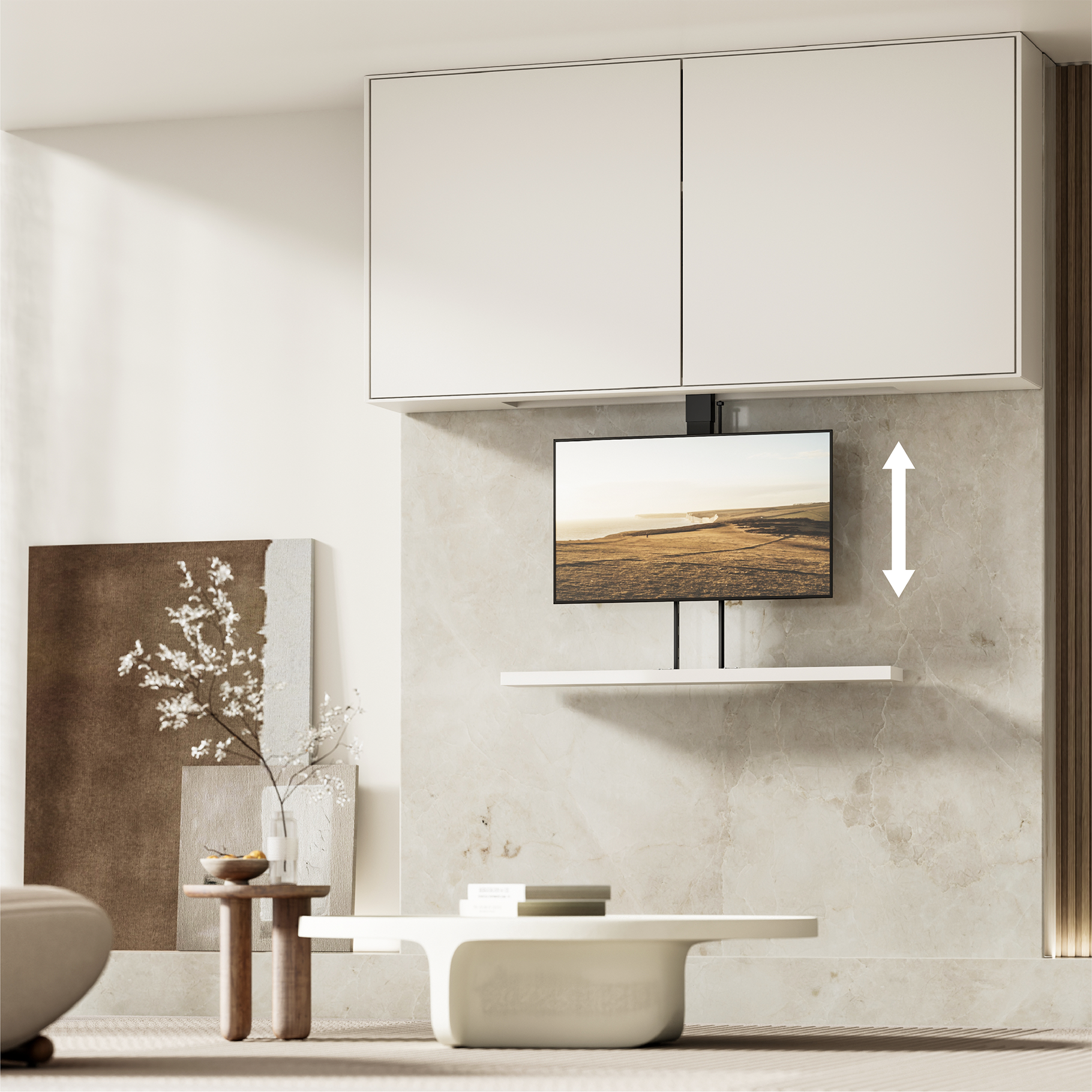 A modern living room featuring a retractable TV mounted on a marble wall panel.