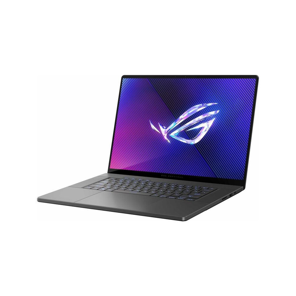 Ekranında ve klavyesinde aydınlatmalı ROG logosu olan gri dizüstü.