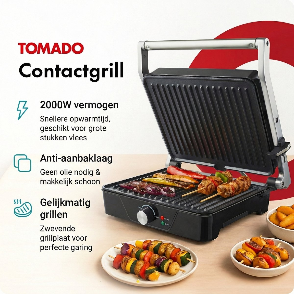 A Tomado contact grill with meat skewers, vegetables, and fries. 2000W power.