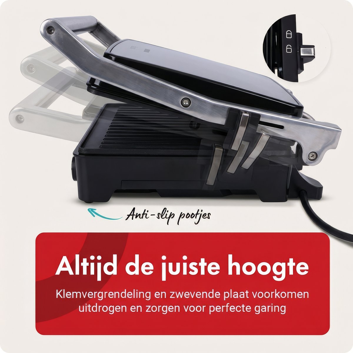 A silver and black contact grill with adjustable plates and anti-slip feet.