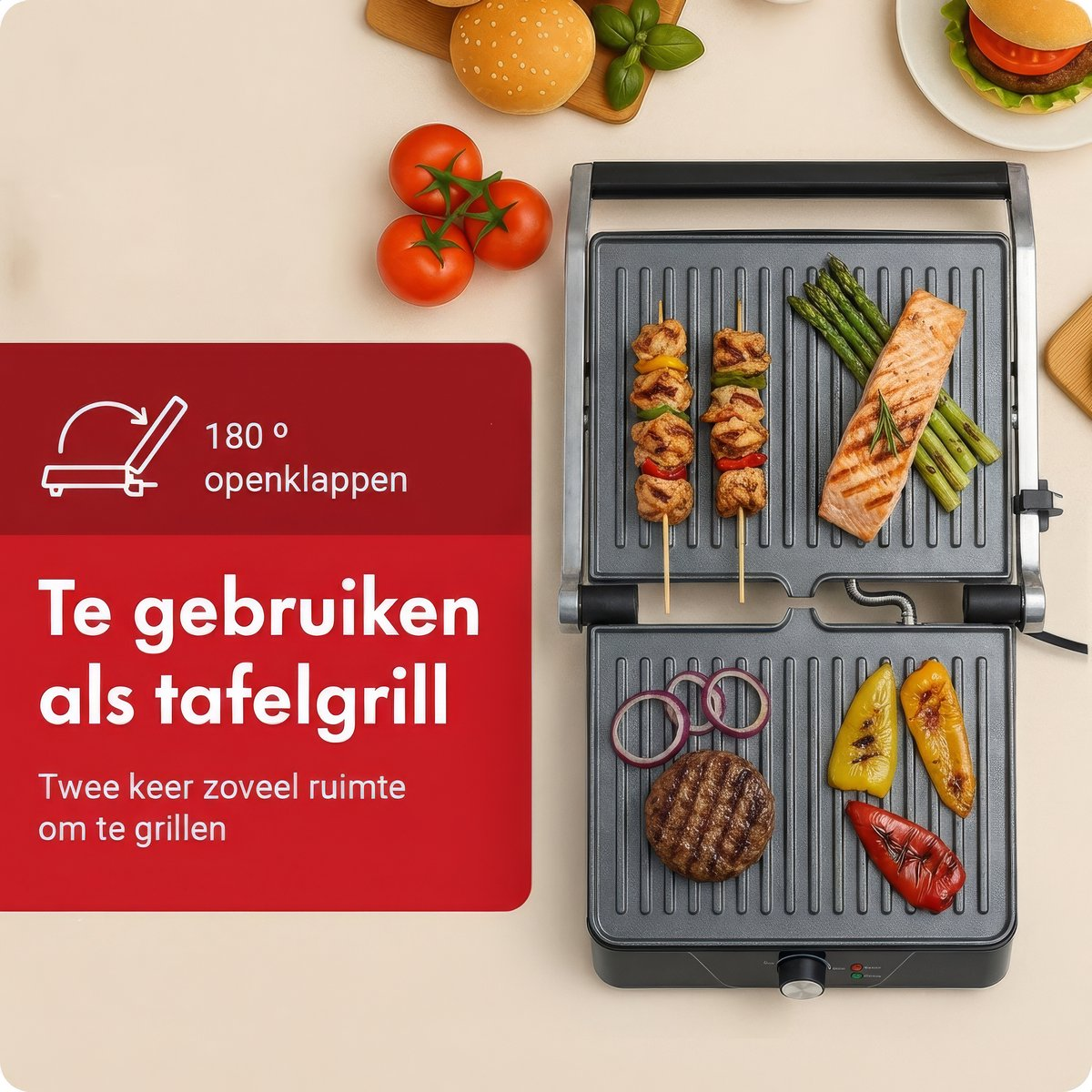 An open grill with grilled salmon, skewers, burger, and peppers.