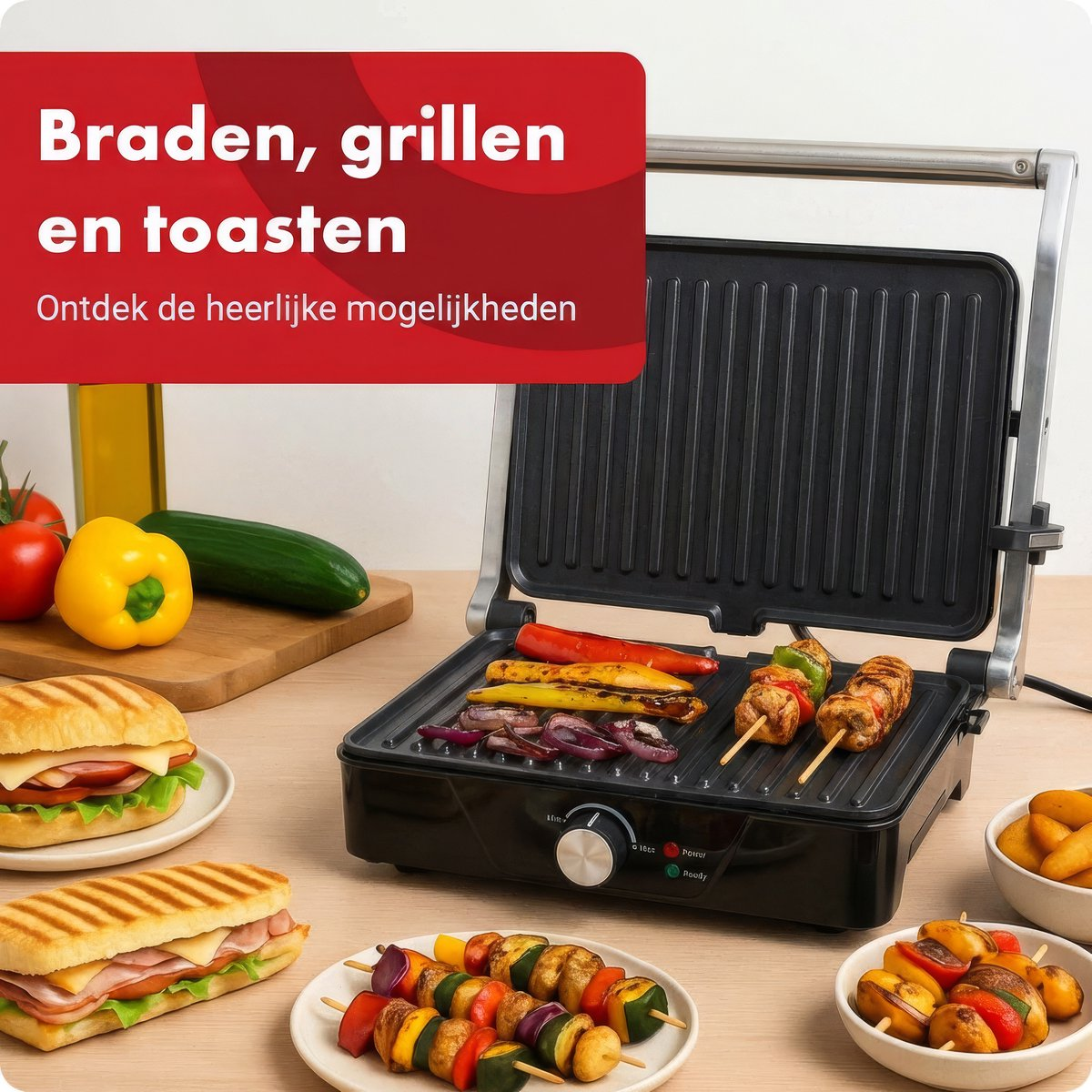 Open grill with sandwiches, skewers, and vegetables. Text in Dutch.