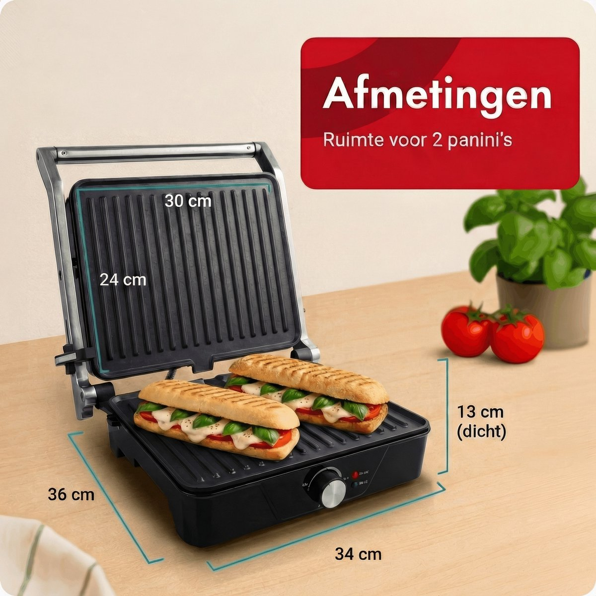 An open panini press with two sandwiches, dimensions shown in cm.