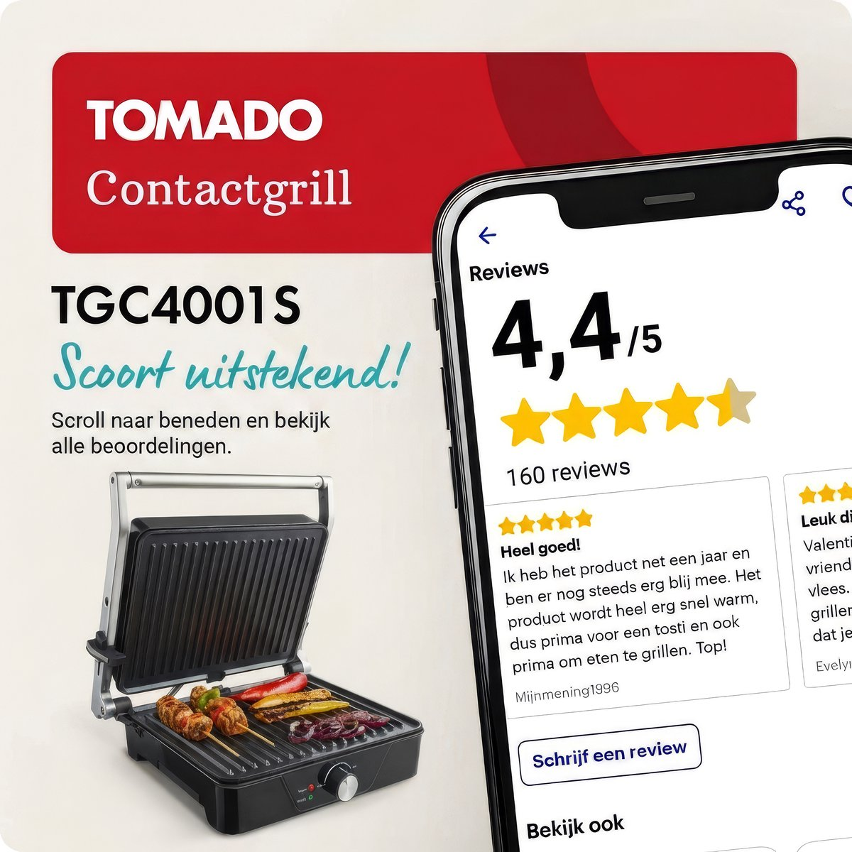 A Tomado contact grill with food and phone reviews.
