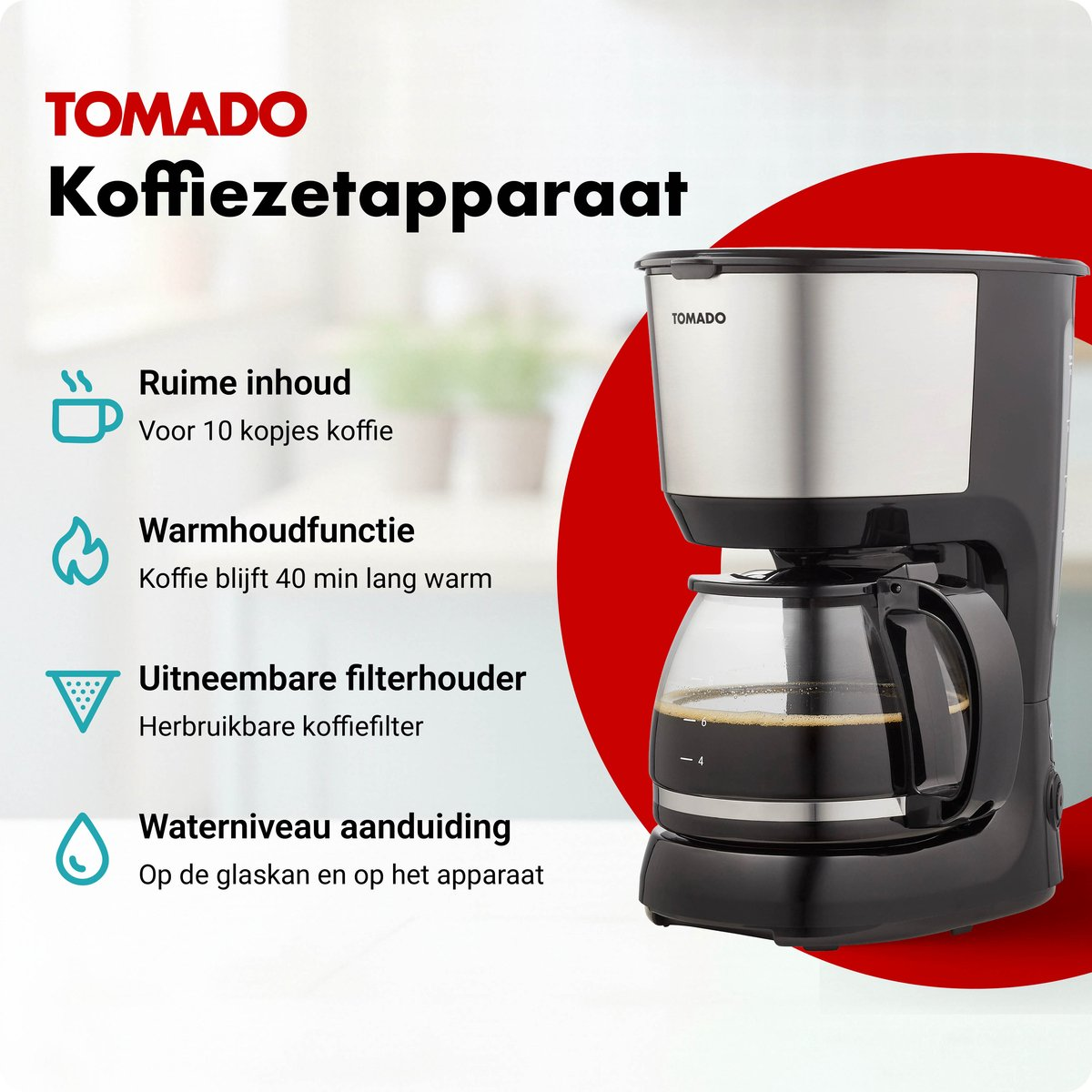 Black coffee maker with glass carafe, 10 cup capacity, keep-warm function.
