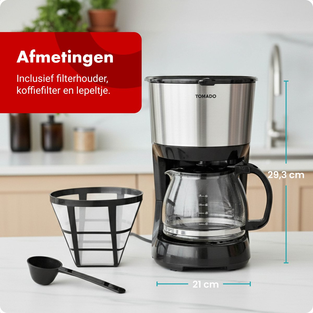 Coffee maker with glass jug, filter holder, coffee filter and scoop. Dimensions: 21x29.3cm.