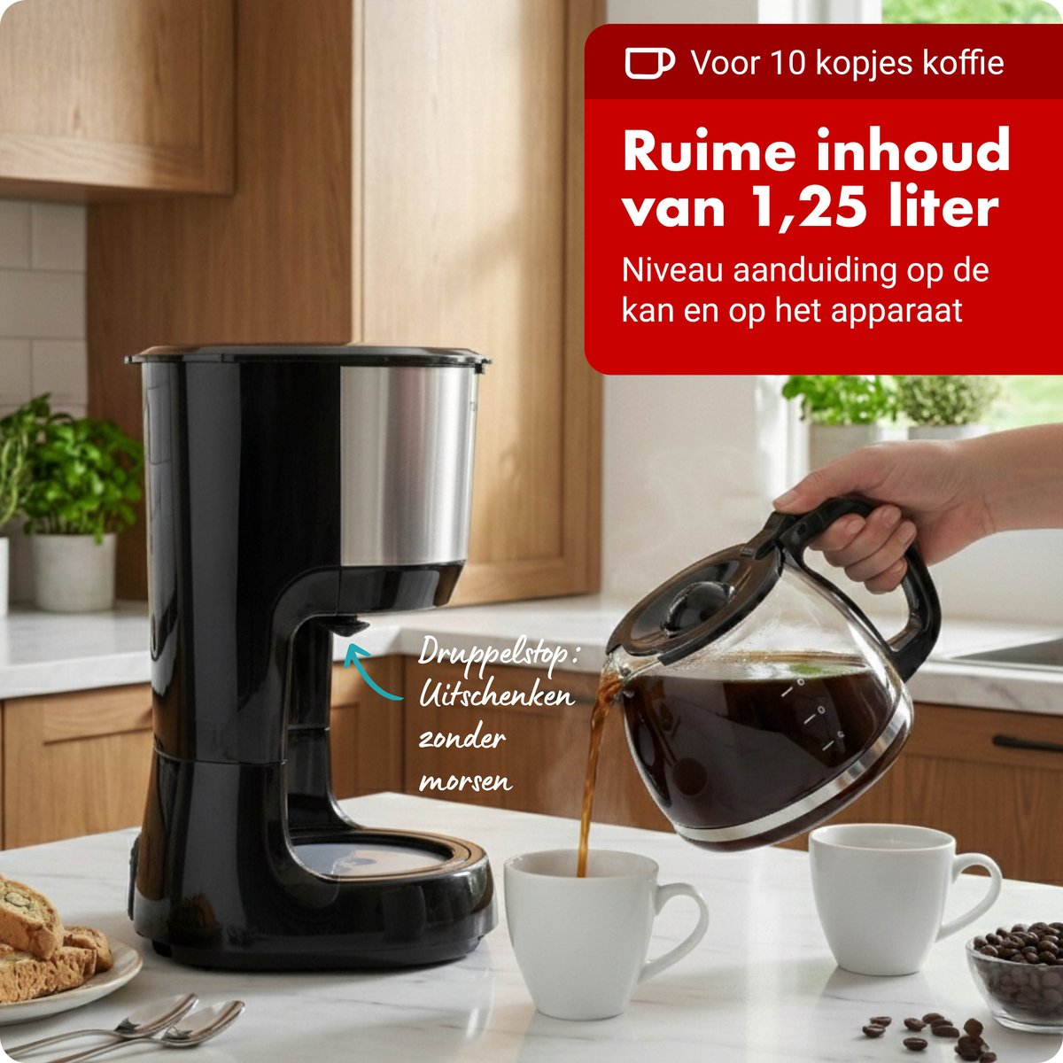Coffee maker with drip stop. A carafe pours coffee into two cups.