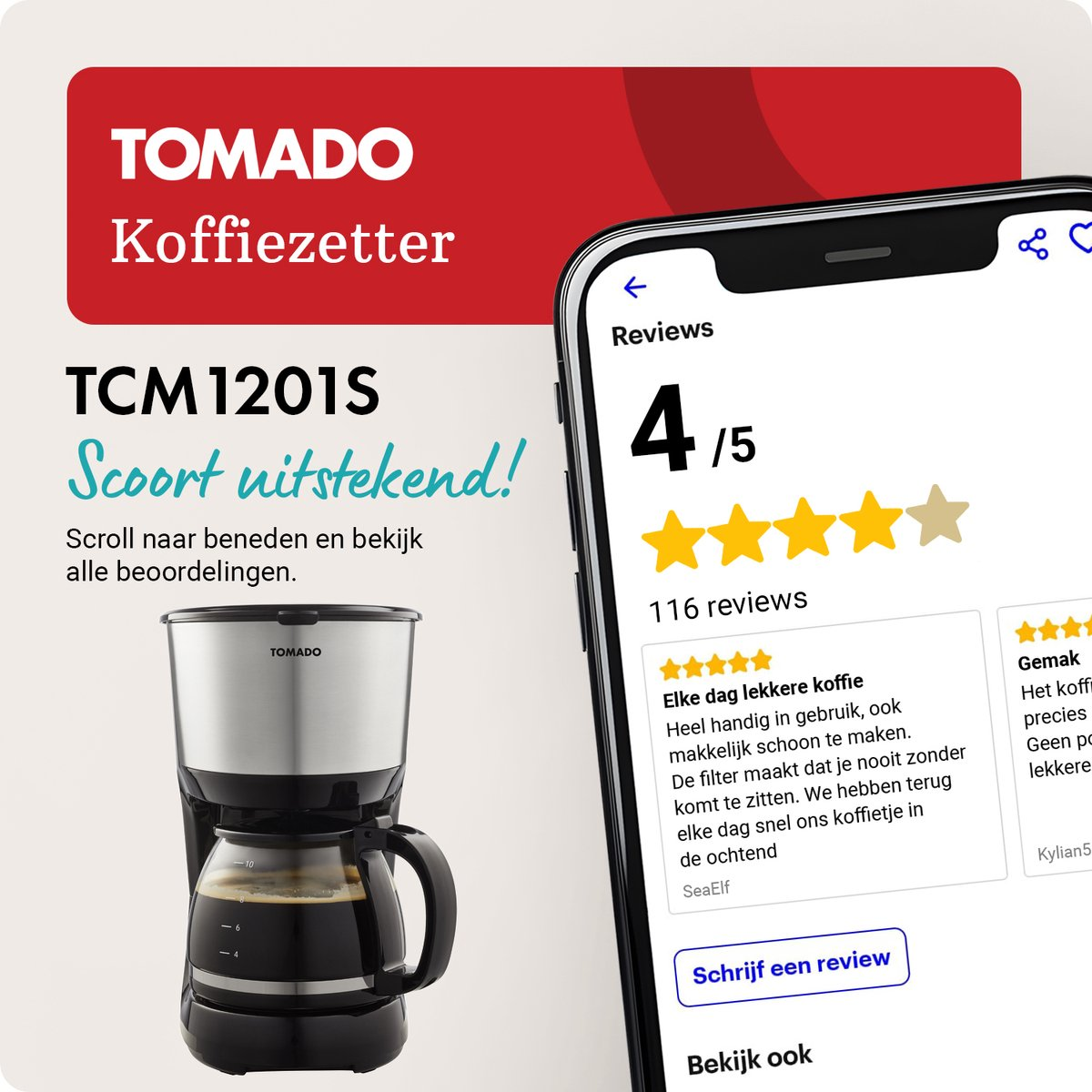 Tomado coffee maker TCM 1201S with glass carafe, 4/5 star rating.