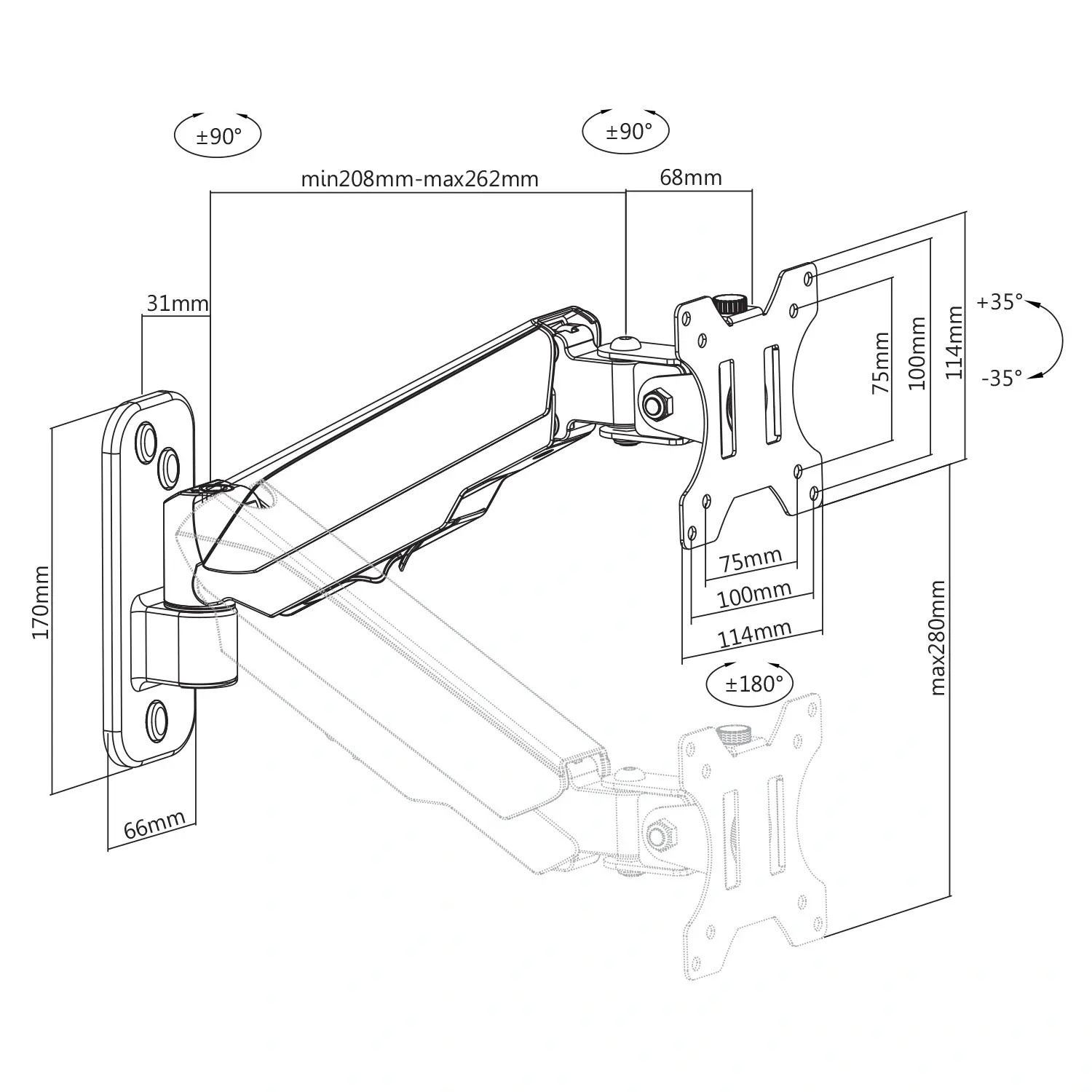Disegno tecnico di un braccio per monitor con dimensioni e angoli.