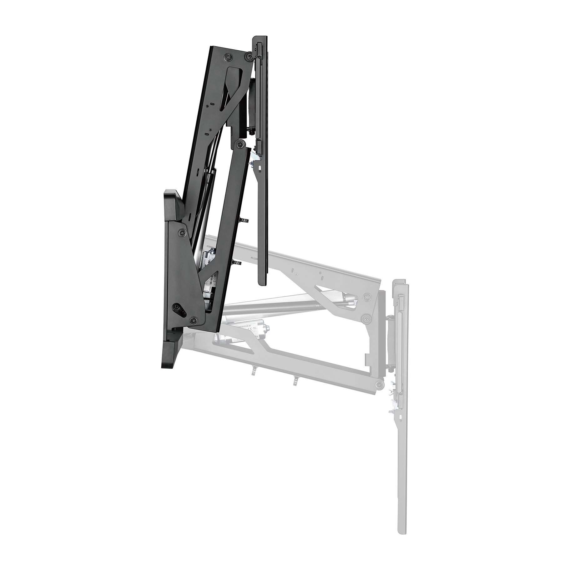 A black, extendable TV wall mount with an articulated arm. A schematic mount is in the background.