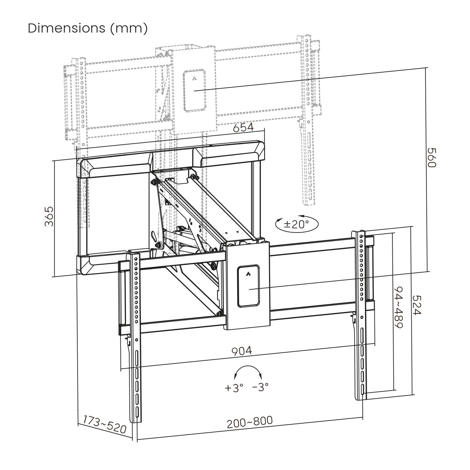 Technical drawing of a TV wall mount with dimensions and angles shown.