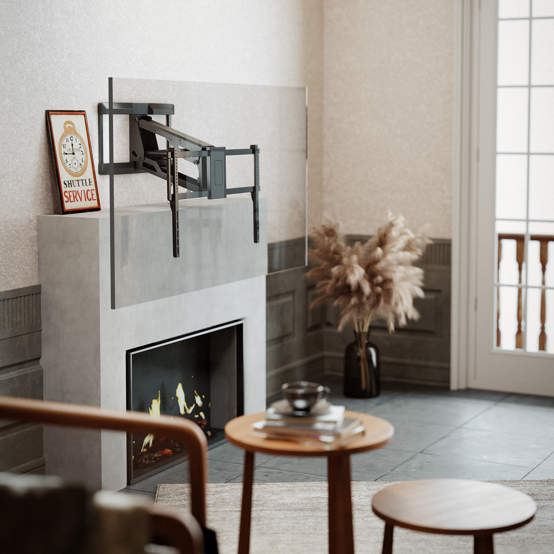 Fireplace with TV mount, clock and vase with feathers. Seating area.