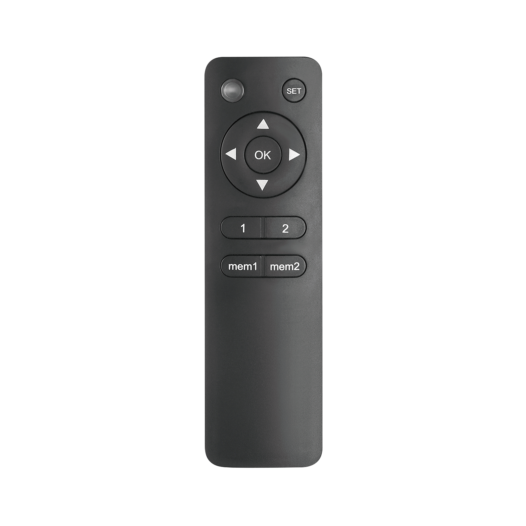 A black remote control with OK, directional, 1, 2, Mem1, Mem2, and Set buttons.