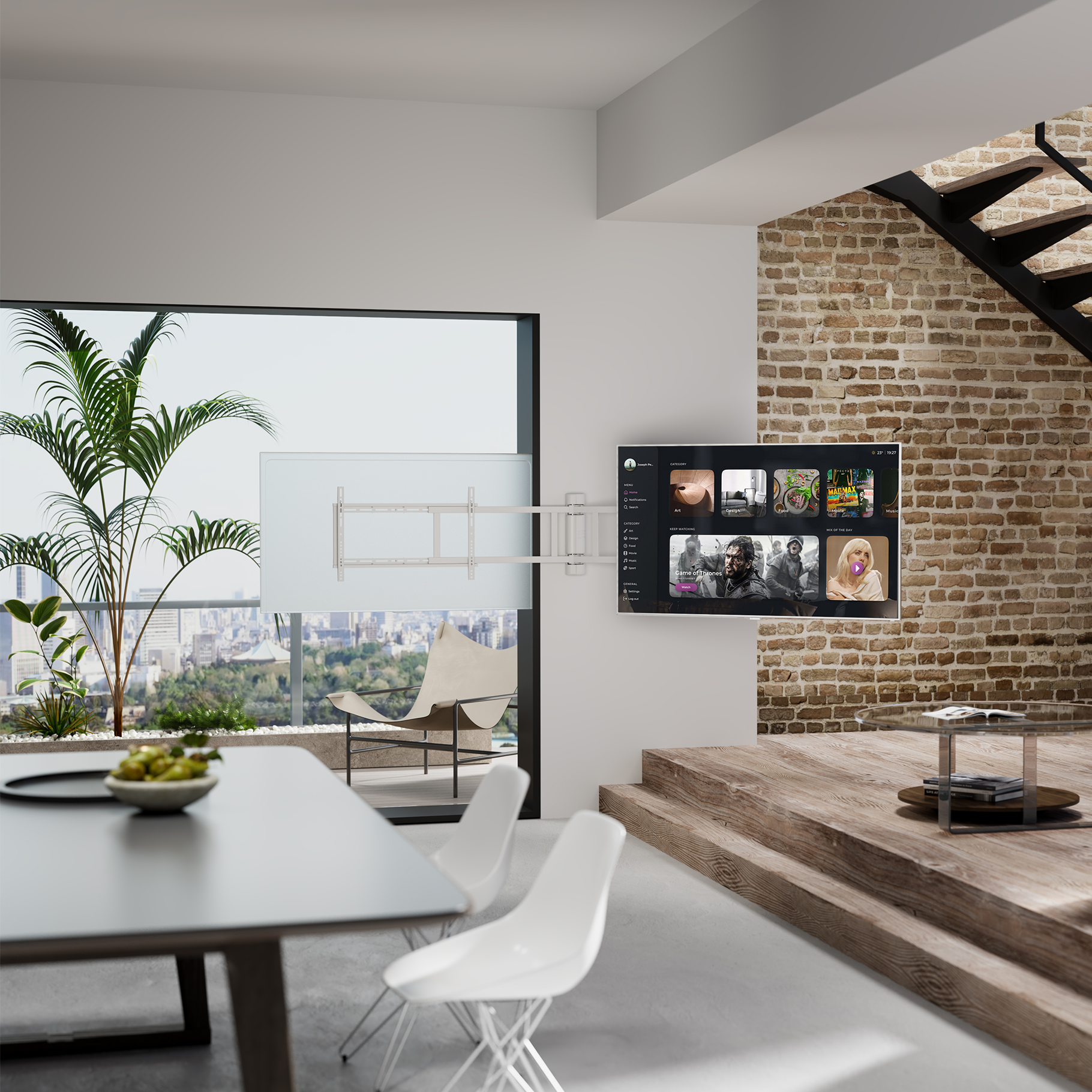 Modern living room with TV, steps, and city view.
