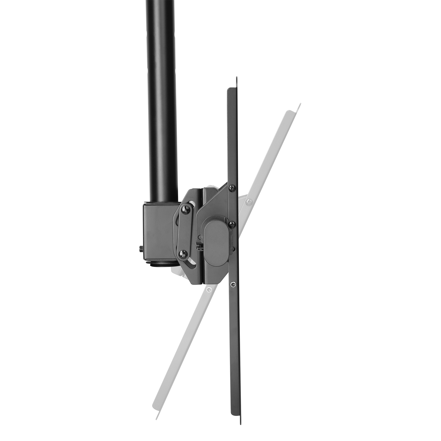 A black ceiling mount for a television with adjustable arms.