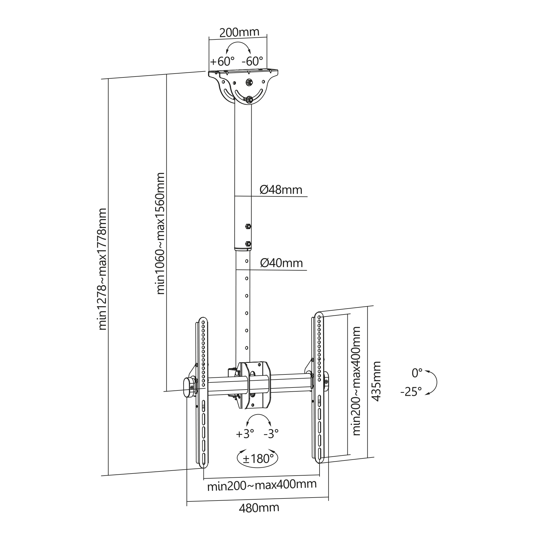 Technical drawing of a ceiling mount with dimensions and angles.