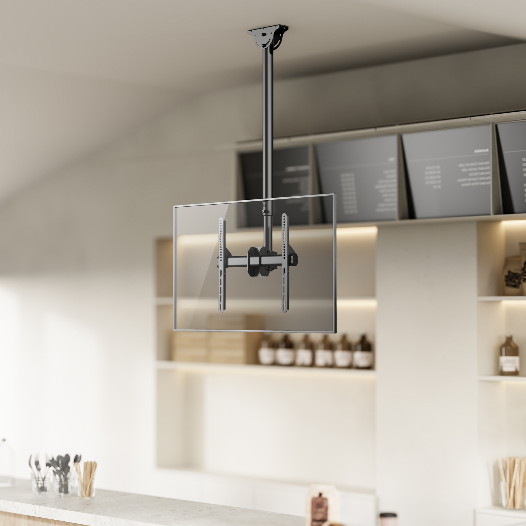 A black ceiling mount for a television in a modern room setting.
