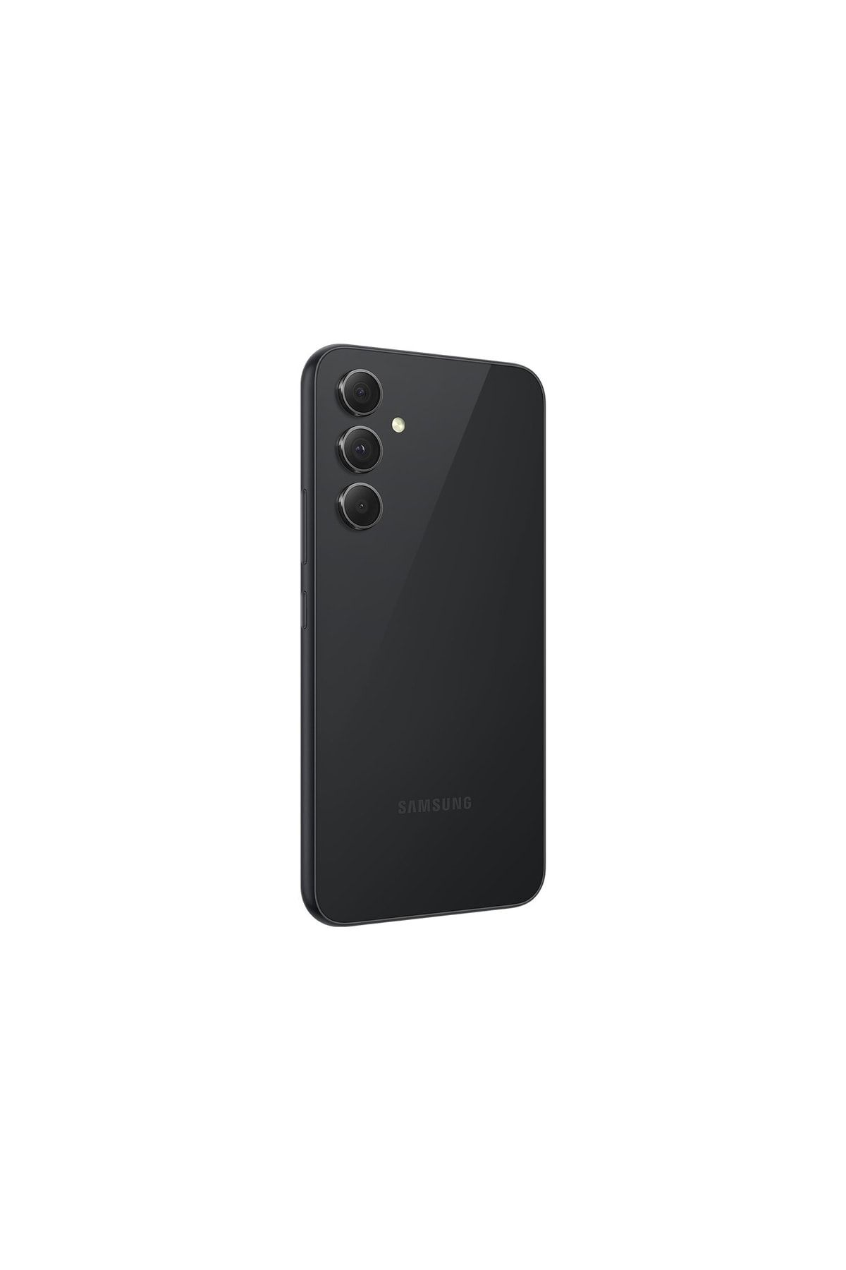 Beyaz arka plan üzerinde üç arka kameraya sahip siyah Samsung akıllı telefon.