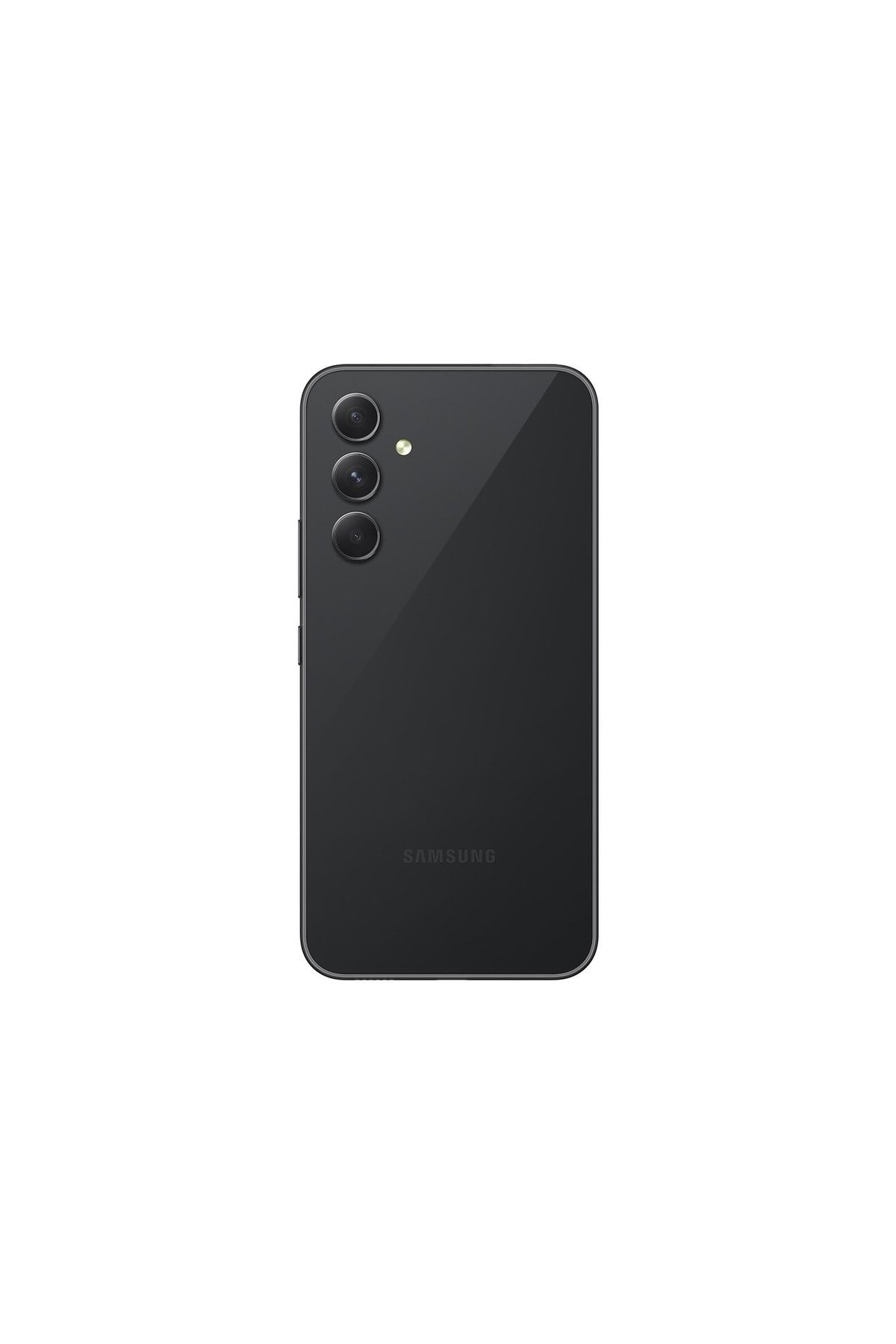 Siyah Samsung telefon arka görünüm, üçlü kamera lensi ve flaş.